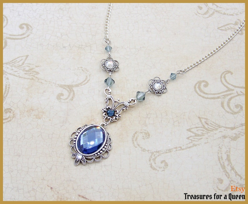 Victorian Edwardian Art Nouveau Montana Sapphire Blue Glass Antique Silver Vintage Inspired Neo Victorian Swarovski Crystal Chain Necklace image 1