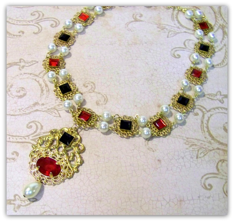 Tudor Replica Necklace Catherine Parr Historical Reproduction Brass Filigree with Red and Black Glass image 3