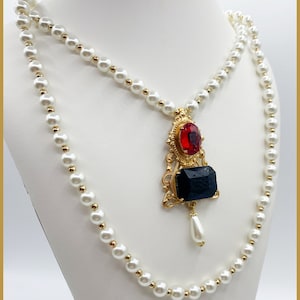 Jane Seymour Historical Reproduction 2 Necklace Set Tudor Replica Glass Pearl Brass Filigree Red Black Faceted Glass Gold Tone Bead Medieval image 5