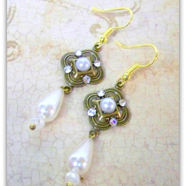 Medieval Drop Earrings - Antique Gold Pearl and Rhinestone Tudor Renaissance Jewelry