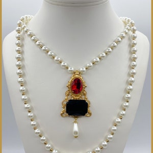 Jane Seymour Historical Reproduction 2 Necklace Set Tudor Replica Glass Pearl Brass Filigree Red Black Faceted Glass Gold Tone Bead Medieval image 6