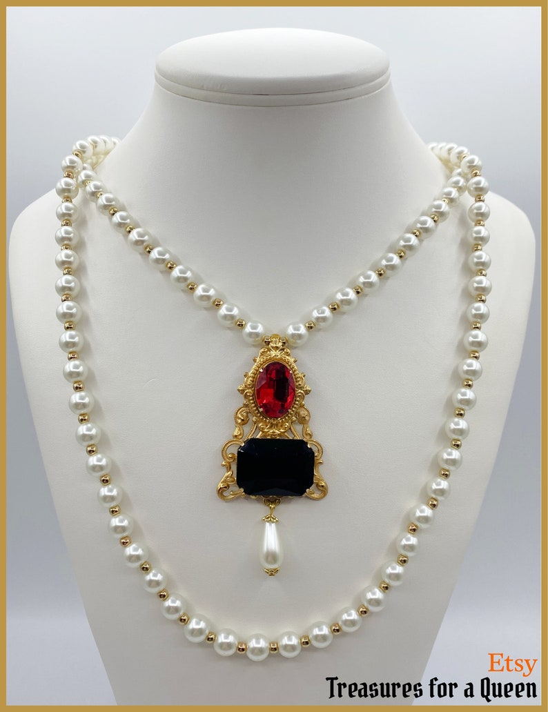 Jane Seymour Historical Reproduction 2 Necklace Set Tudor Replica Glass Pearl Brass Filigree Red Black Faceted Glass Gold Tone Bead Medieval image 6