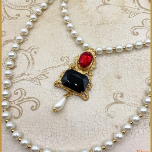 Jane Seymour Historical Reproduction 2 Necklace Set Tudor Replica Glass Pearl Brass Filigree Red Black Faceted Glass Gold Tone Bead Medieval image 4