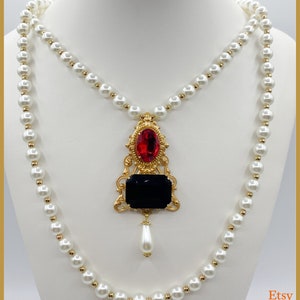 Jane Seymour Historical Reproduction 2 Necklace Set Tudor Replica Glass Pearl Brass Filigree Red Black Faceted Glass Gold Tone Bead Medieval image 3