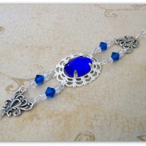Victorian Filigree Bracelet Silver Plated with Blue Glass Cab and Swarovski Crystals