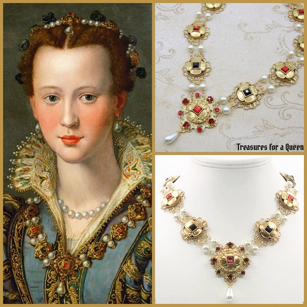 Historical Italian Renaissance Portrait Replica Eleonora di Garzia di Toledo Quatrefoil Pearl Ruby Red Crystal Gold Tudor Medieval Necklace