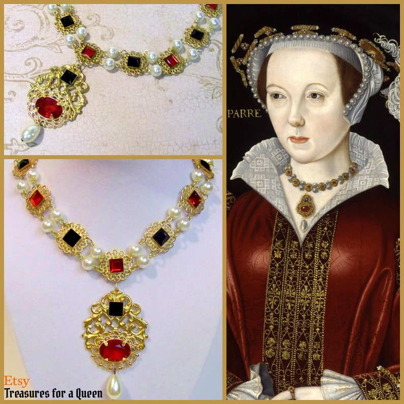 Tudor Replica Necklace Catherine Parr Historical Reproduction Brass Filigree with Red and Black Glass image 1