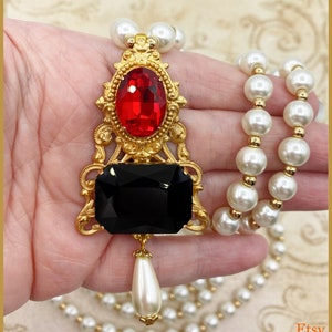 Jane Seymour Historical Reproduction 2 Necklace Set Tudor Replica Glass Pearl Brass Filigree Red Black Faceted Glass Gold Tone Bead Medieval image 7