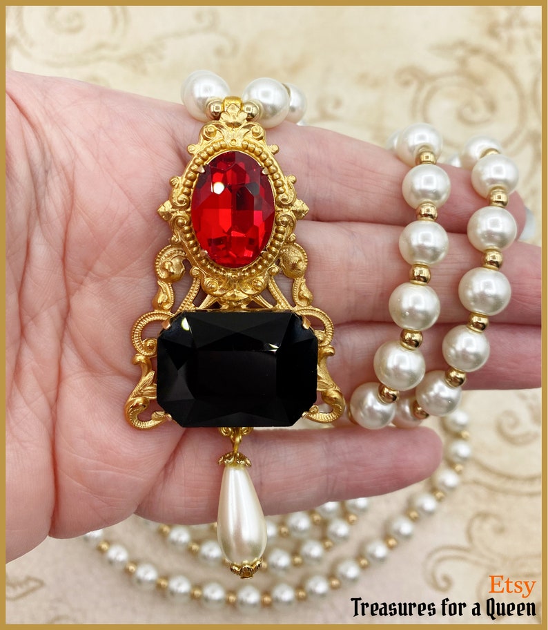 Jane Seymour Historical Reproduction 2 Necklace Set Tudor Replica Glass Pearl Brass Filigree Red Black Faceted Glass Gold Tone Bead Medieval image 7