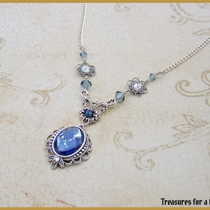 Victorian Edwardian Art Nouveau Montana Sapphire Blue Glass Antique Silver Vintage Inspired Neo Victorian Swarovski Crystal Chain Necklace image 6