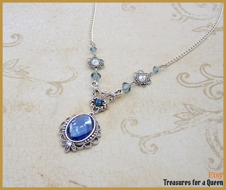 Victorian Edwardian Art Nouveau Montana Sapphire Blue Glass Antique Silver Vintage Inspired Neo Victorian Swarovski Crystal Chain Necklace image 6