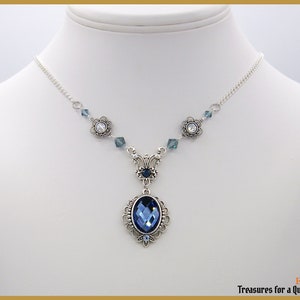 Victorian Edwardian Art Nouveau Montana Sapphire Blue Glass Antique Silver Vintage Inspired Neo Victorian Swarovski Crystal Chain Necklace image 5