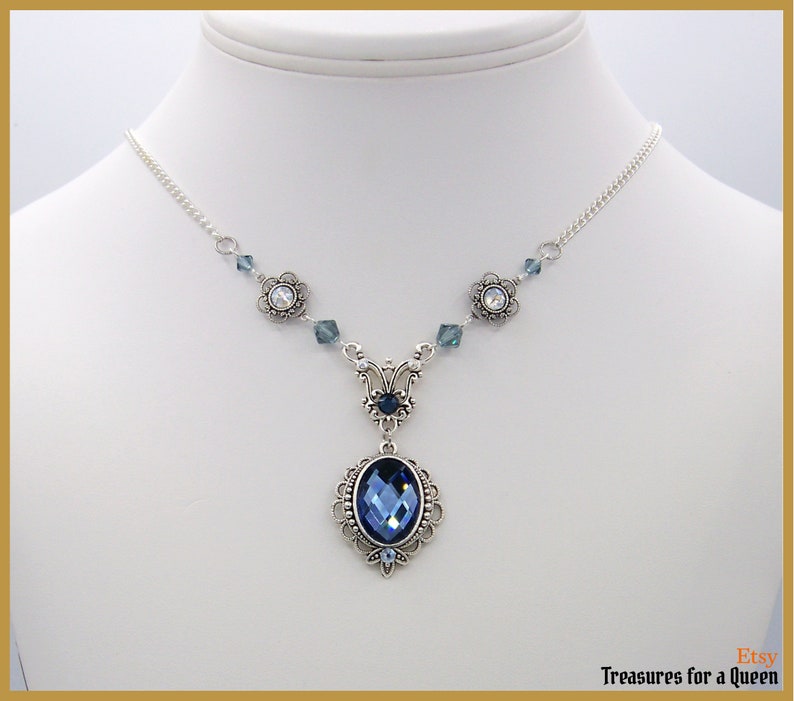 Victorian Edwardian Art Nouveau Montana Sapphire Blue Glass Antique Silver Vintage Inspired Neo Victorian Swarovski Crystal Chain Necklace image 5