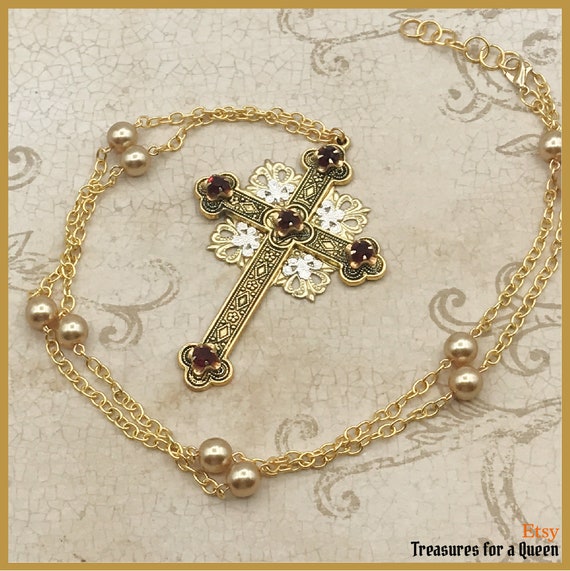 Medieval Tudor Cross 16th Century Queen Anne Pearl Chain Large