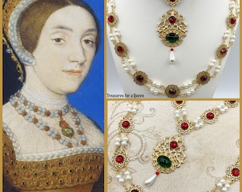 May include: A two-strand gold necklace with red and white beads and a green stone pendant. The necklace is styled after a historical piece of jewelry. "Treasures for a Queen" is written on the image.