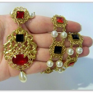 Tudor Replica Necklace Catherine Parr Historical Reproduction Brass Filigree with Red and Black Glass image 5