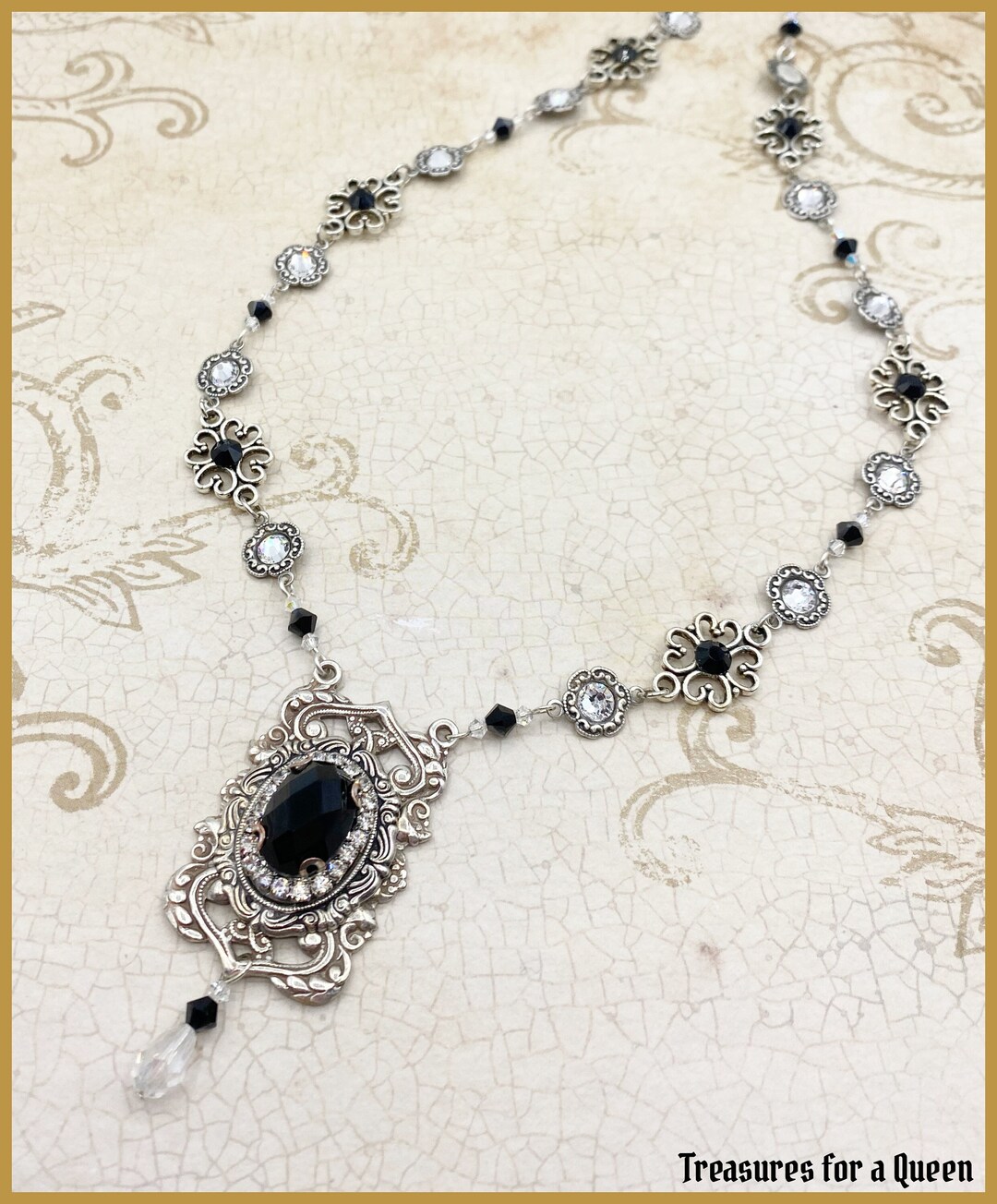 Black Gothic Victorian Necklace - Jet Crystal Antique Silver