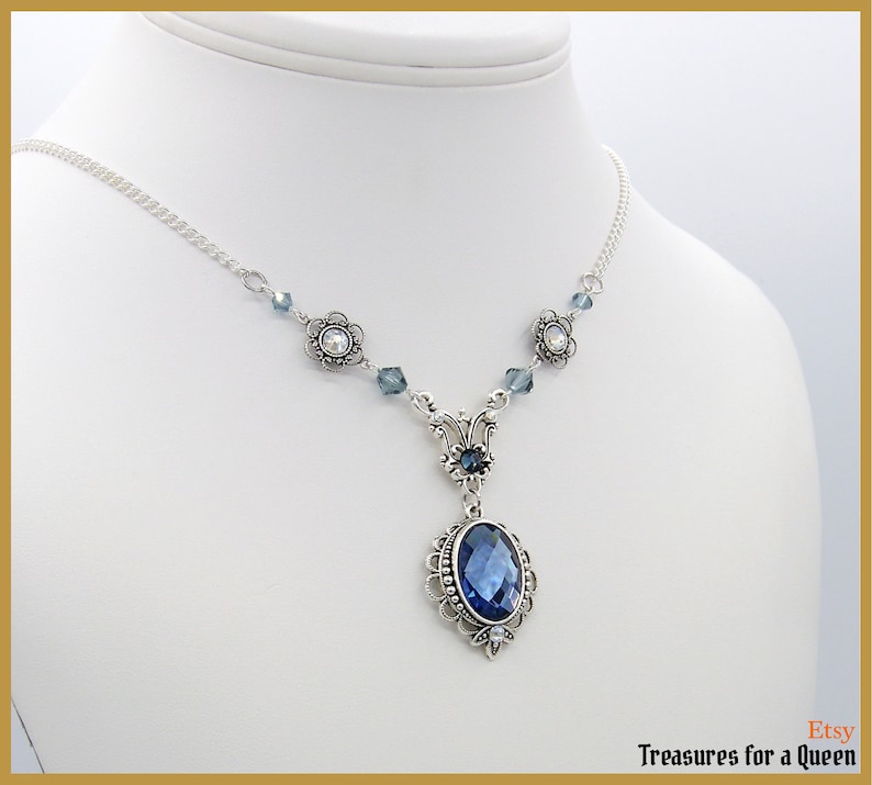 Victorian Edwardian Art Nouveau Montana Sapphire Blue Glass Antique Silver Vintage Inspired Neo Victorian Swarovski Crystal Chain Necklace image 3