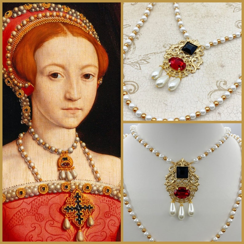 Queen Elizabeth I Historical Reproduction 2 Necklace Set Gold Brass Filigree Ruby Red Glass Beaded Glass Pearl Becoming Elizabeth Tudor 