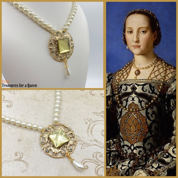 Eleanor of Toledo Italian Renaissance Historical Replica Filigree Pearl Necklace Portrait Reproduction 16th Century Reenactment Jewelry