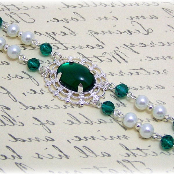 Medieval Bracelet - Renaissance Jewelry - Medieval Jewelry - Green Crystal & Pearl Bracelet, Tudor Jewelry, SCA