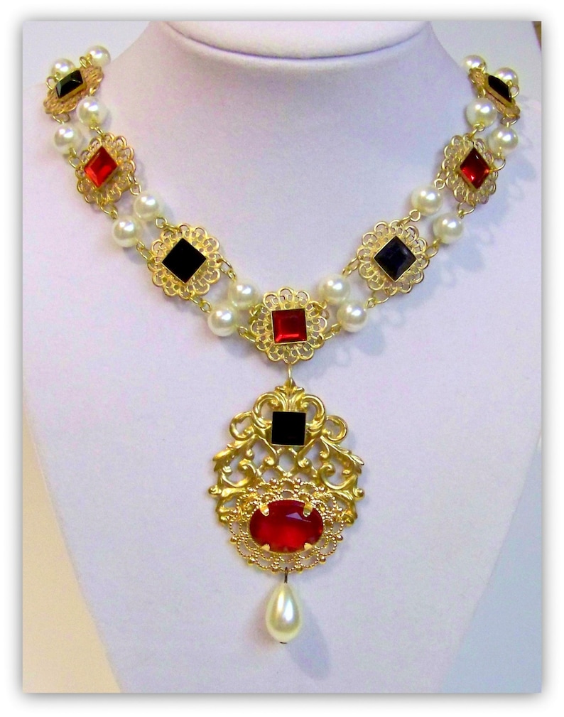 Tudor Replica Necklace Catherine Parr Historical Reproduction Brass Filigree with Red and Black Glass image 4