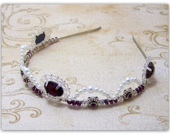 Purple Amethyst Silver Clear Swarovski Crystal Glass Pearl Medieval Victorian Edwardian Wedding Wire Wrapped Tiara Headband Crown OOAK