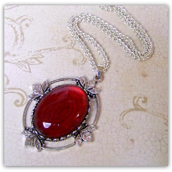 Victorian Chainmaille Necklace, Antique Silver and Red Statement Pendant