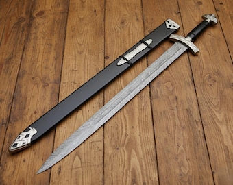Hand Forged Damascus Sword with Black Scabbard Medieval Knight ward Sword  Wooden Grip, Slender Blade Display Sword, Perfect Gift for Him