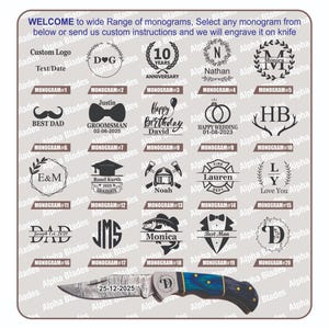 May include: A display board featuring twenty distinct black monogram designs for knife engraving, including names, dates, and symbols like hearts, antlers, and a fish. At the bottom, a folding knife with a patterned blade and blue handle.