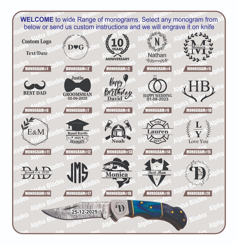 May include: A display board featuring twenty distinct black monogram designs for knife engraving, including names, dates, and symbols like hearts, antlers, and a fish. At the bottom, a folding knife with a patterned blade and blue handle.