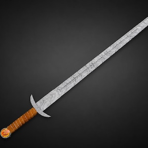 May include: A long sword featuring a double-edged blade with a distinct wavy Damascus steel pattern. The hilt includes a simple metal crossguard, a brown leather-wrapped grip, and a circular pommel with a colorful circular inlay at the base.