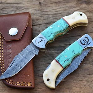Couteau de poche fait main personnalisé turquoise et blanc, cadeau pour lui, cadeau d'anniversaire pour mari, action de grâces, meilleur cadeau pour homme, couteau de camping