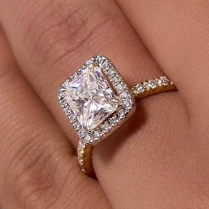 2.50 Ct Radiant Cut Moissanite Engagement Ring, Crushed Ice Radiant Cut Ring, Elongated Radiant Hidden Halo Ring,christmus gift gift for her