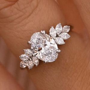 Anillos de compromiso de moissanita de corte ovalado de 2 quilates, anillos de corte ovalado, óvalo alargado, anillos de compromiso de moissanita, anillo de promesa ovalado con hielo triturado para ella