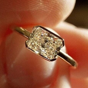 Solid Gold Half Bezel Radiant Cut Moissanite Engagement Rings, Solitaire Radiant Moissanite Wedding Rings, Anniversary Ring, Bezel Set Rings