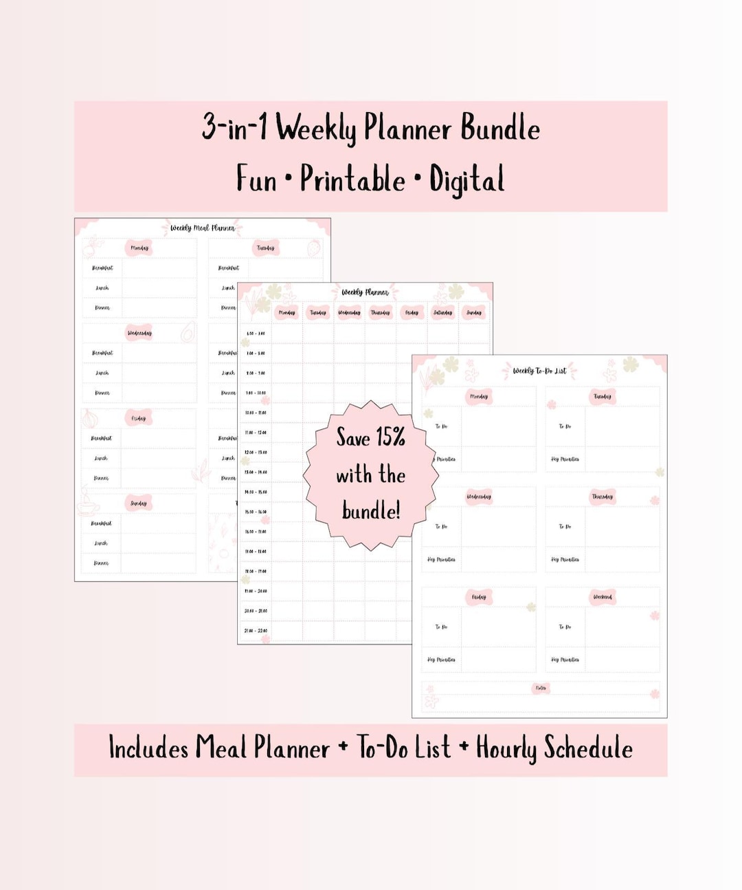 Pink Floral Weekly Planner Bundle: Printable Digital To-do List (PDF ...