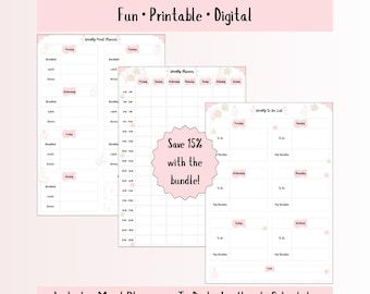 Pink Floral Weekly Planner Bundle: Printable Digital To-Do List (PDF Download A4 Size)
