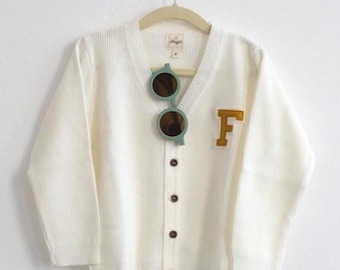 Back to School Kids Sweater Cardigan Personalized with Stitched Letter, Toddler Sweater Customized with Initial, Preppy Toddler Outfit