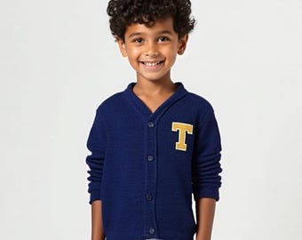 Personalized Kids Cardigan | Varsity Letter Toddler Sweater | Custom Initial Wool Letter Baby Cardigan | Classic Letterman Style Gift