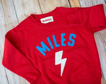 Stylish Toddler Sweatshirt Personalized Name Letters Lightning Bolt Pattern Red Custom Gift for Toddler Clothing Gift Superhero Present Boys