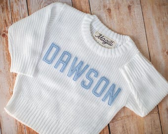 Personalized Toddler Sweater with Name | Custom Baby Name Pullover | Wool Letter Applique Kids Sweater | Cozy Embroidered Gift for Baby