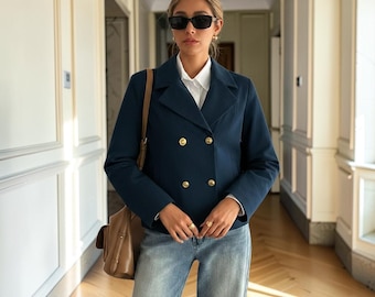 Navy Double Breasted Blazer Jacket Gold Button Tailored Cropped Coat