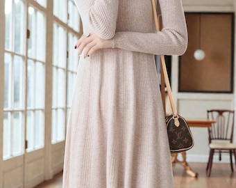 Vestido midi de punto de lana suave en 6 colores: elegante corte en A acanalado para invierno.