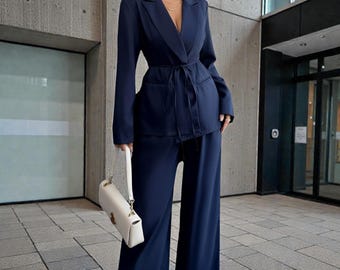 Navy Blazer And Wide Leg Trousers Set Long Sleeve Tailored Elegant Two Piece Outfit