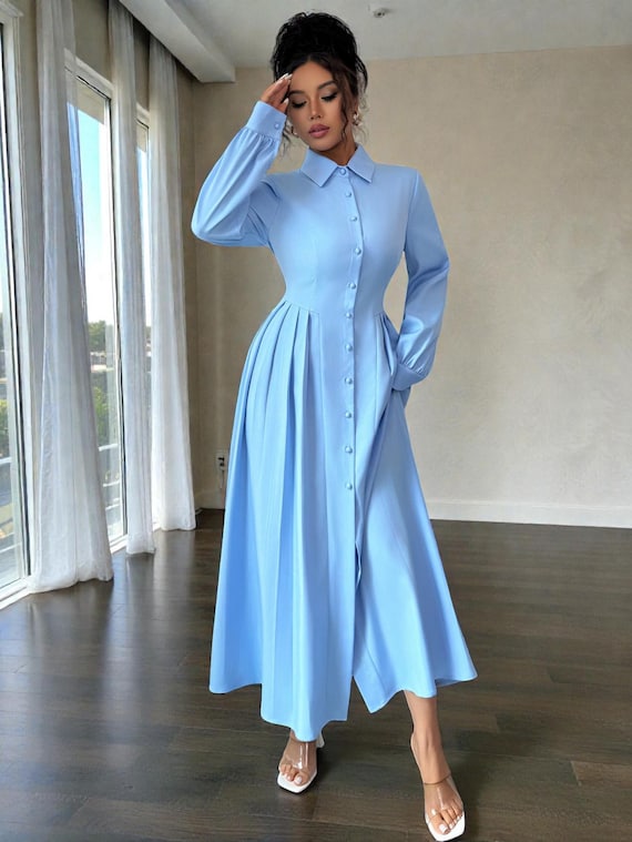 button down midi dress long sleeve Vestido Ophelia Button Down Midi Shirt - Verde