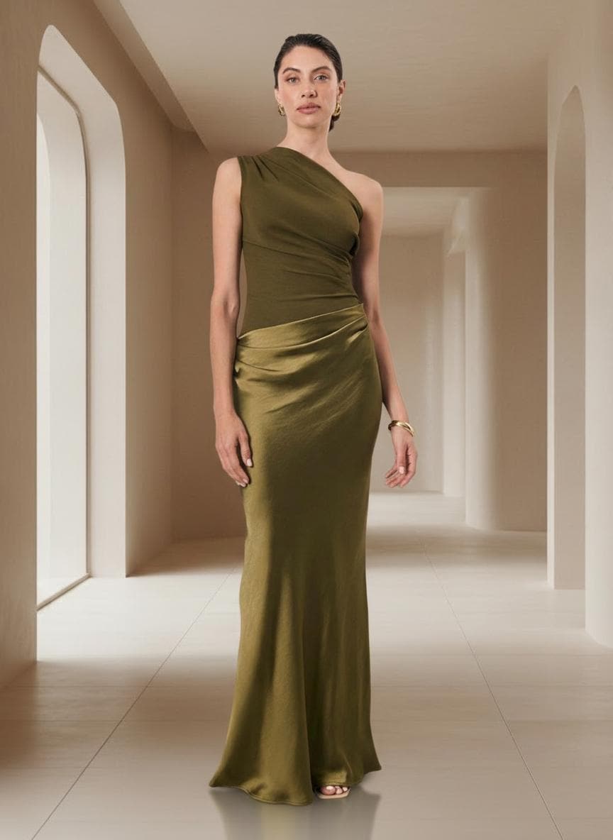 green emerald velvet dress Salma Soft Matte Satin Midaxi Dress Olive | Wedding Guest Dress main image 0