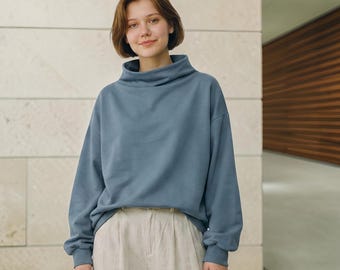 Oversize-Bluse mit Stehkragen, lässiges Tunika-Top mit langen Ärmeln