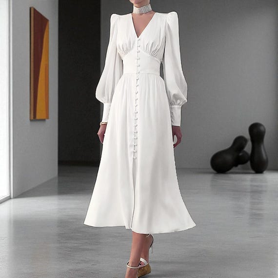 Lantern Sleeve Satin Midi Dress: Button Front A-Line, 7 Colours, XS-XL