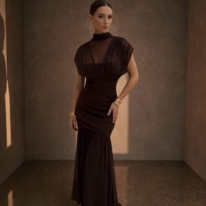 brown dress with sheer bottom Sheer Maxi Dress